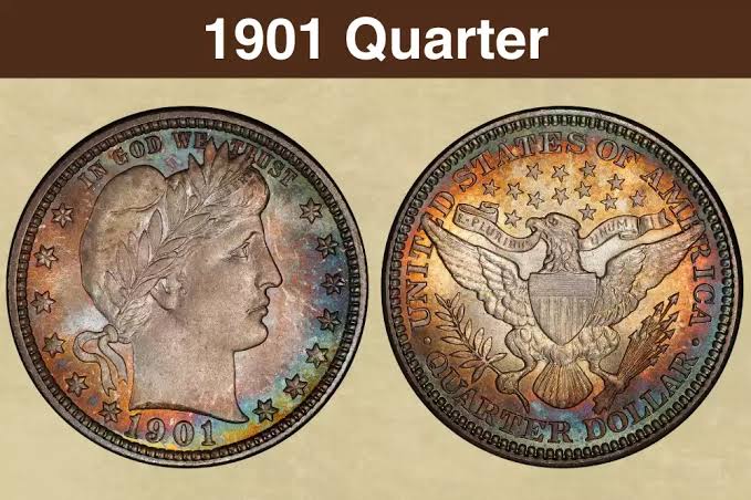 1901 Barber quarter obverse showing Liberty's portrait and reverse showing heraldic eagle