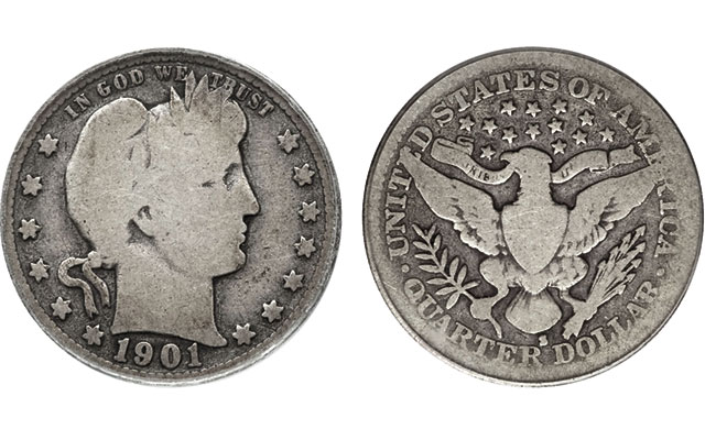 Side-by-side comparison of genuine 1901-S Barber quarter versus counterfeit with added S mint mark, showing die diagnostic differences