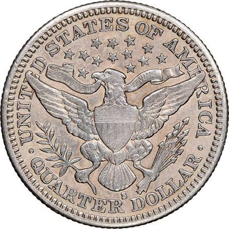 1901-S Barber quarter reverse showing the S mint mark below the eagle's tail feathers