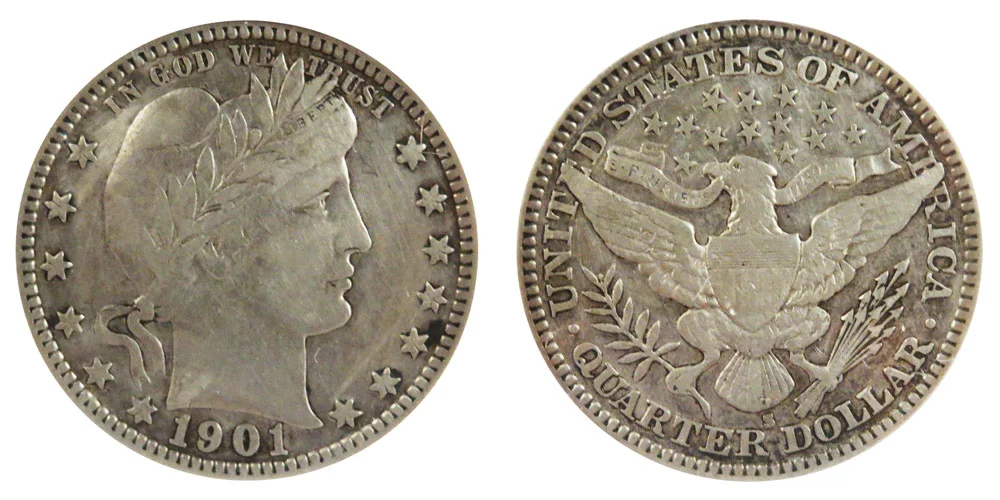 1901 Proof Barber quarter showing mirror-polished fields and frosted Liberty portrait cameo contrast