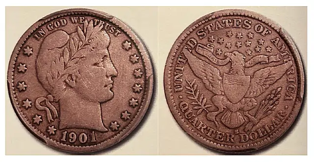 1901 Barber quarter repunched date error showing doubled digit impressions in the date area under magnification