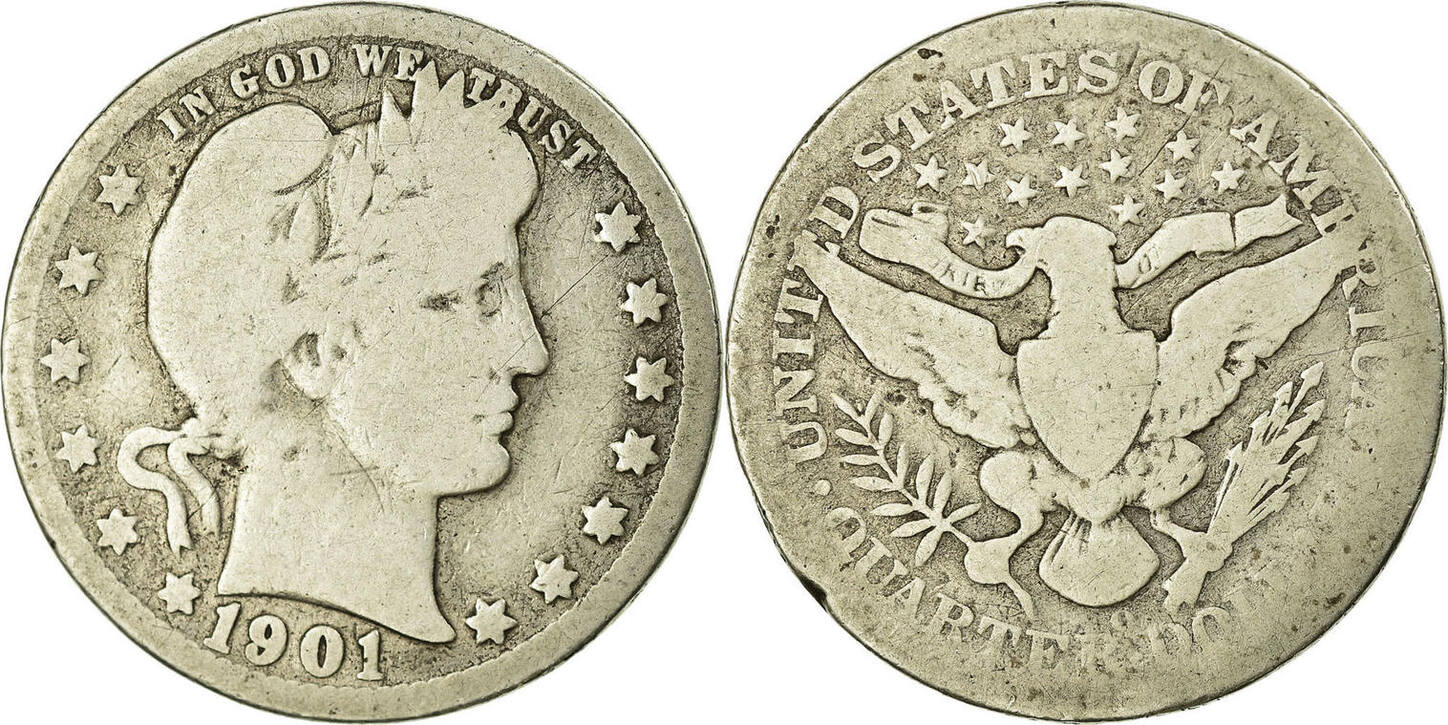 Group of 1901 Barber quarters in different grades arranged to show the range from heavily worn to uncirculated examples