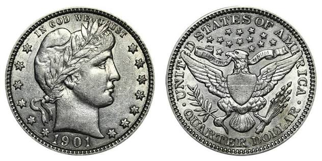 Grading strip showing four 1901 Barber quarters from Good through Uncirculated condition side by side